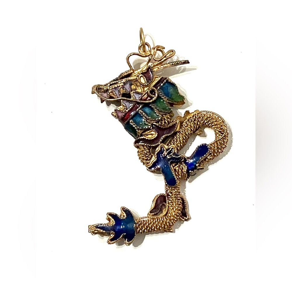 Gold Plated Sterling Silver Enamel Dragon Chinese Export Pendant